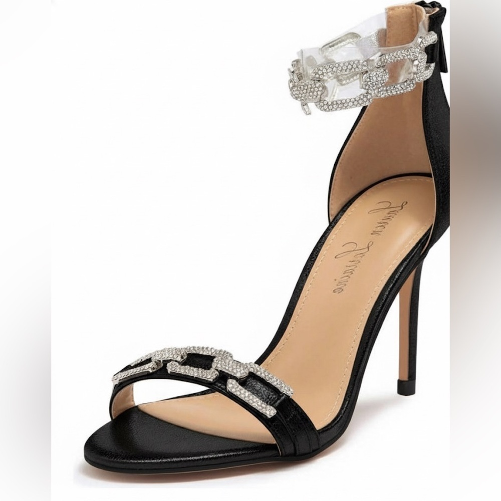 NIB Lauren Lorraine Farla Rhinestone Open Toe Chain Ankle Strap Stiletto Sandals